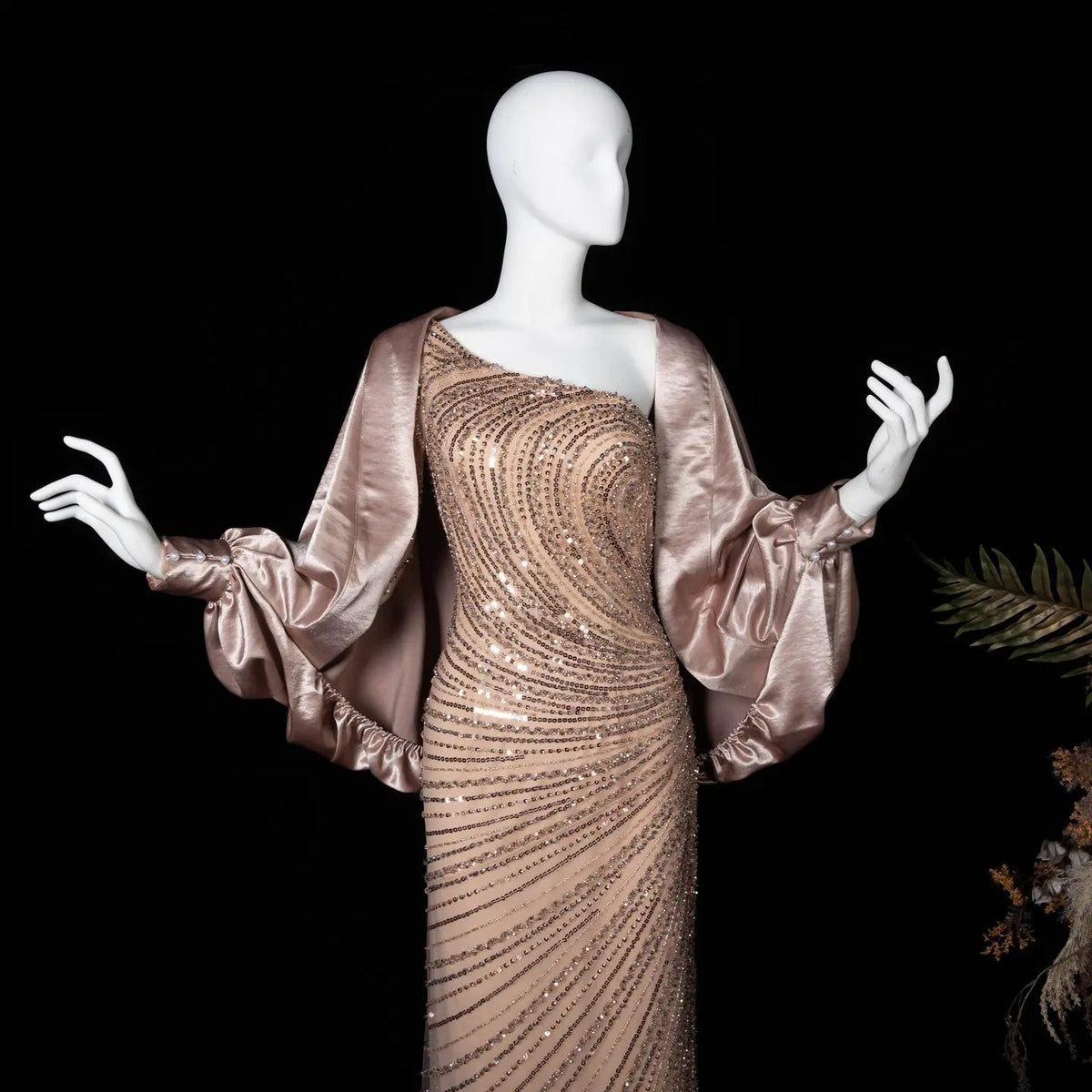 Elegant One-Shoulder Sequined Evening Dresses with cape SS311