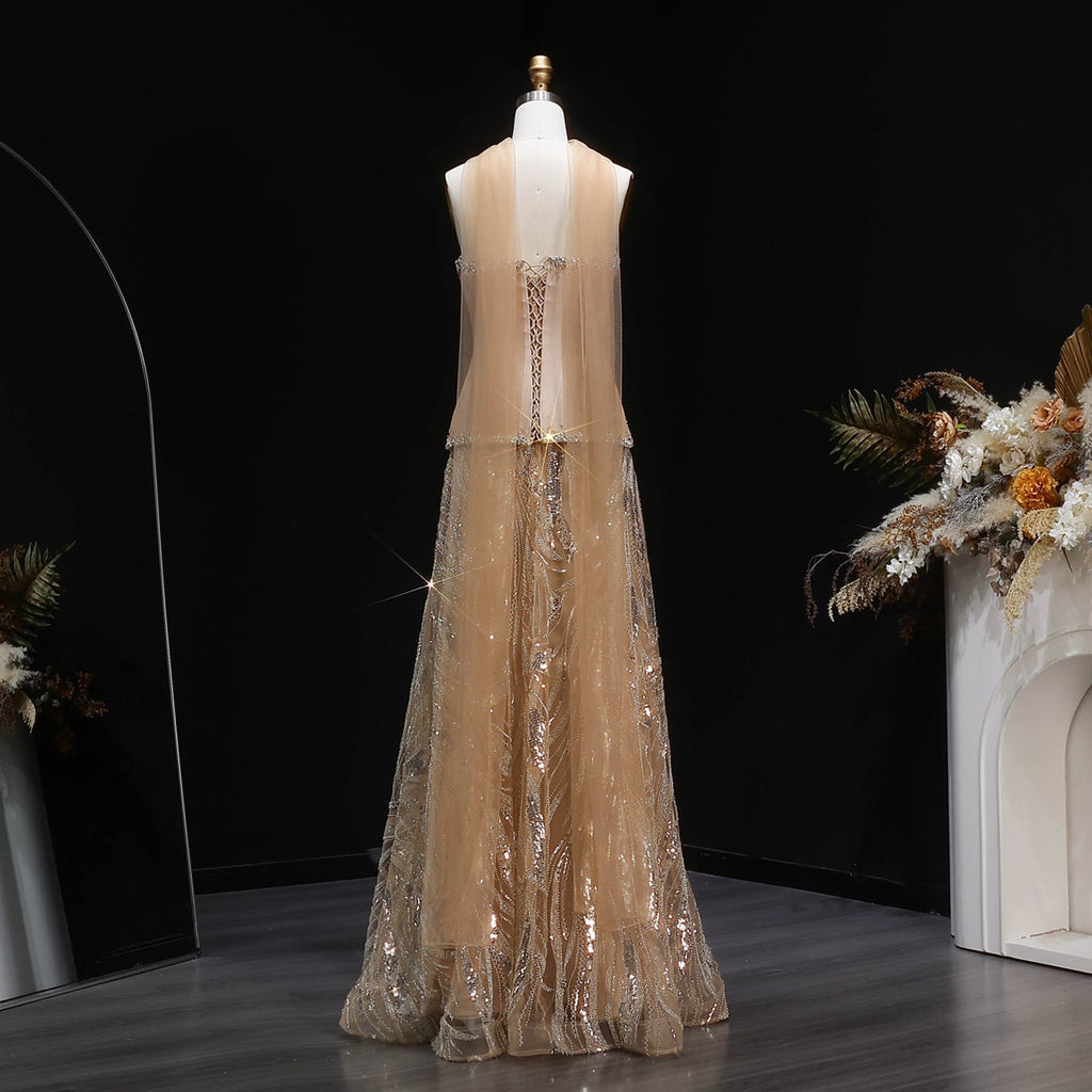 Luxury Champagne Beaded Sequin Evening Dress with Scarf SS132