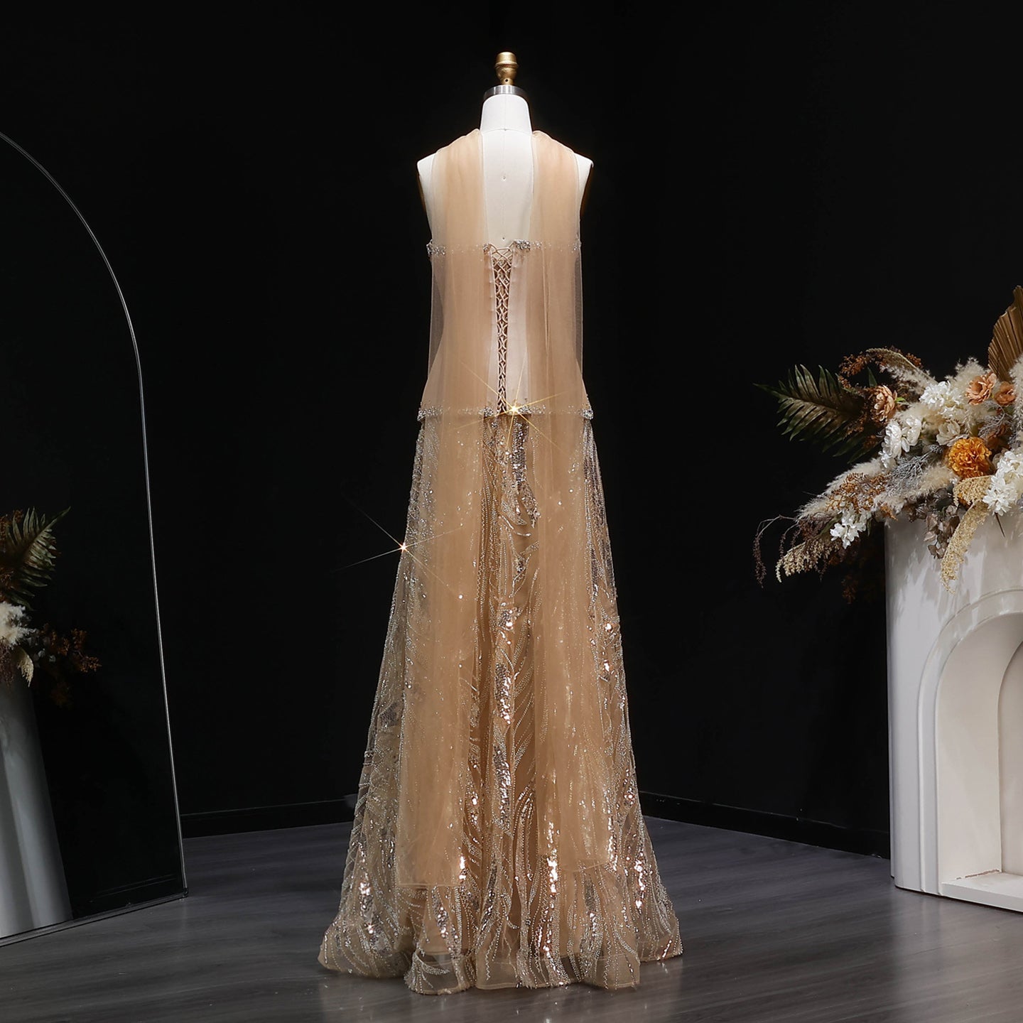 Luxury Champagne Beaded Sequin Evening Dress with Scarf SS132