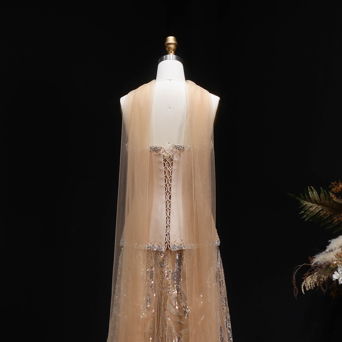 Luxury Champagne Beaded Sequin Evening Dress with Scarf SS132