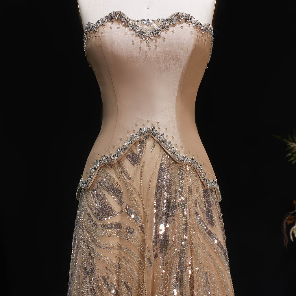 Luxury Champagne Beaded Sequin Evening Dress with Scarf SS132