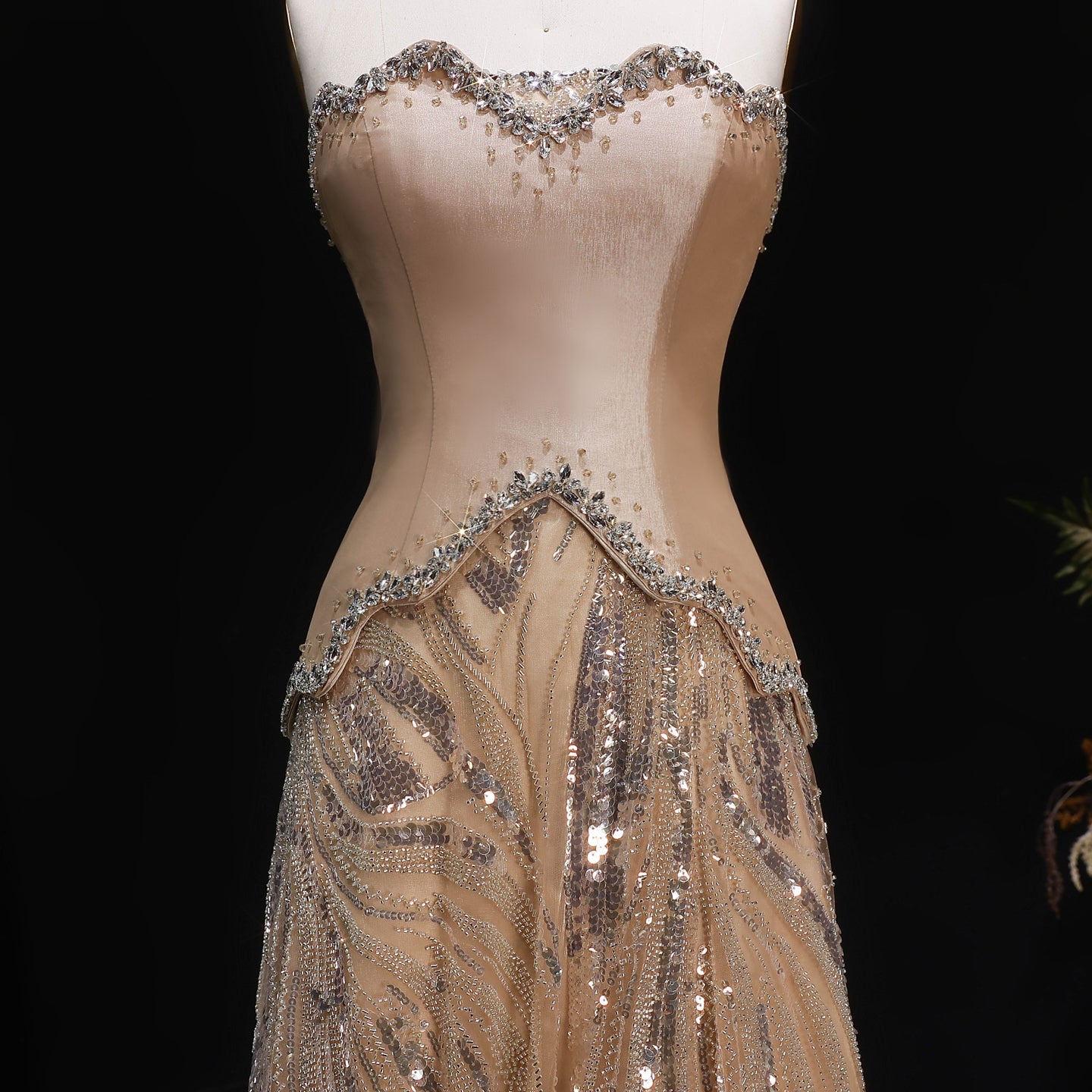 Luxury Champagne Beaded Sequin Evening Dress with Scarf SS132