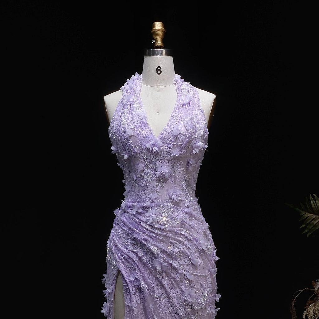 Luxury Green Halter Neck 3D Floral Lace Evening Dress with High Slit SF521
