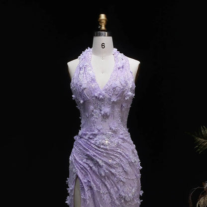 Glamorous Green Halter Lace Evening Dress with Slit SF521