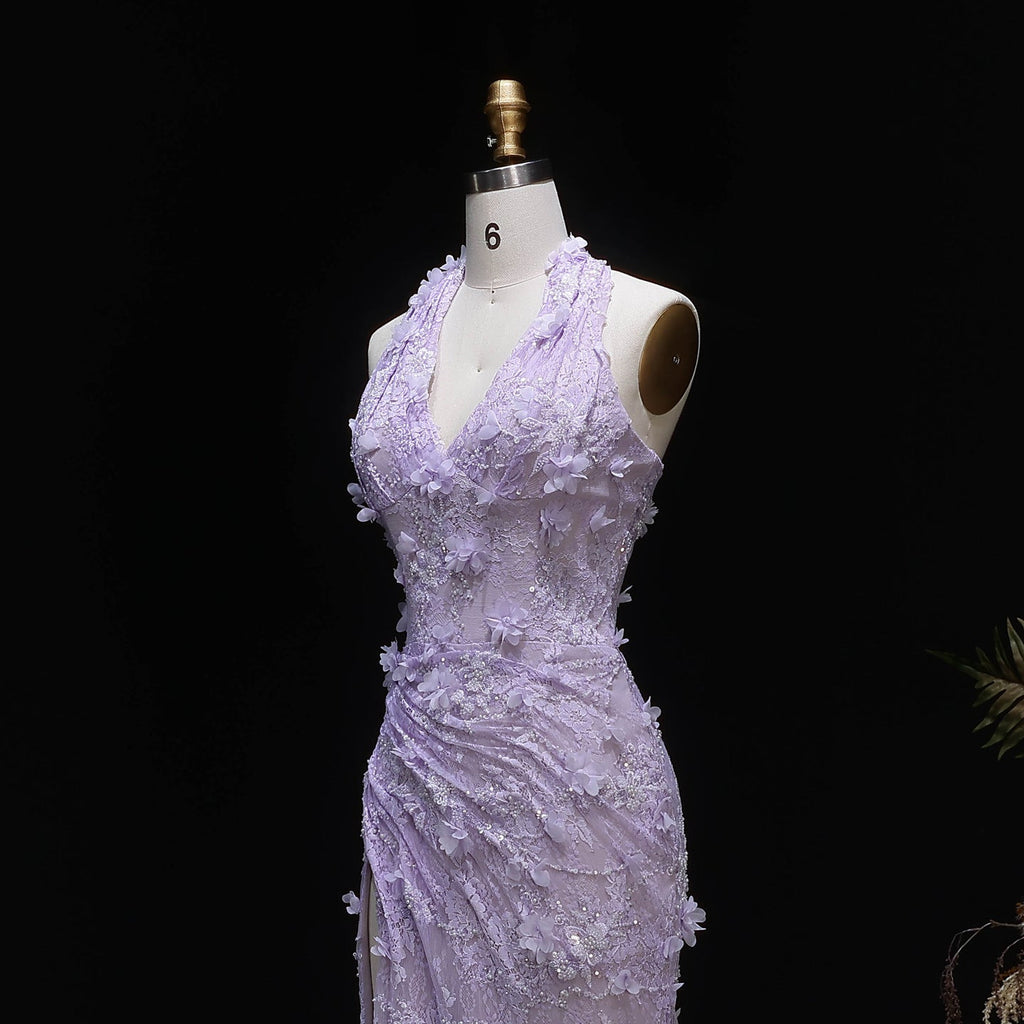 Luxury Green Halter Neck 3D Floral Lace Evening Dress with High Slit SF521