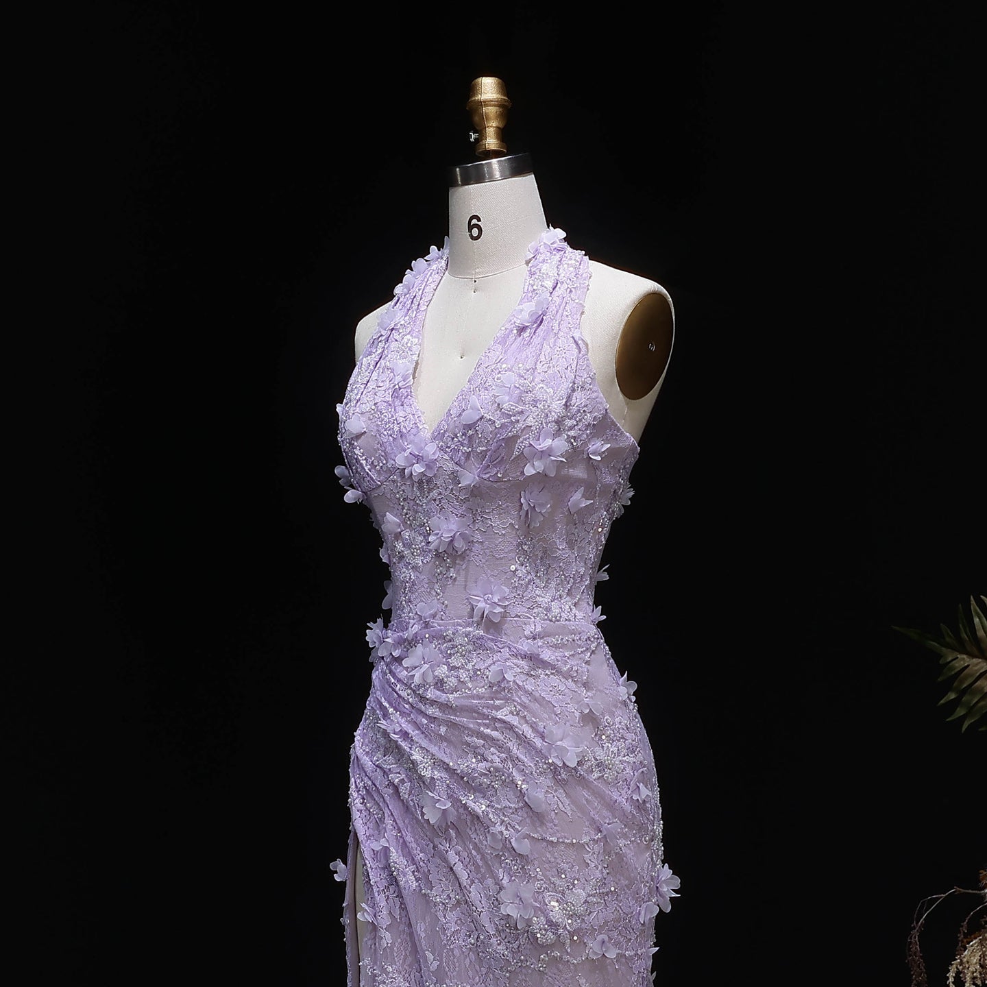 Luxury Green Halter Neck 3D Floral Lace Evening Dress with High Slit SF521