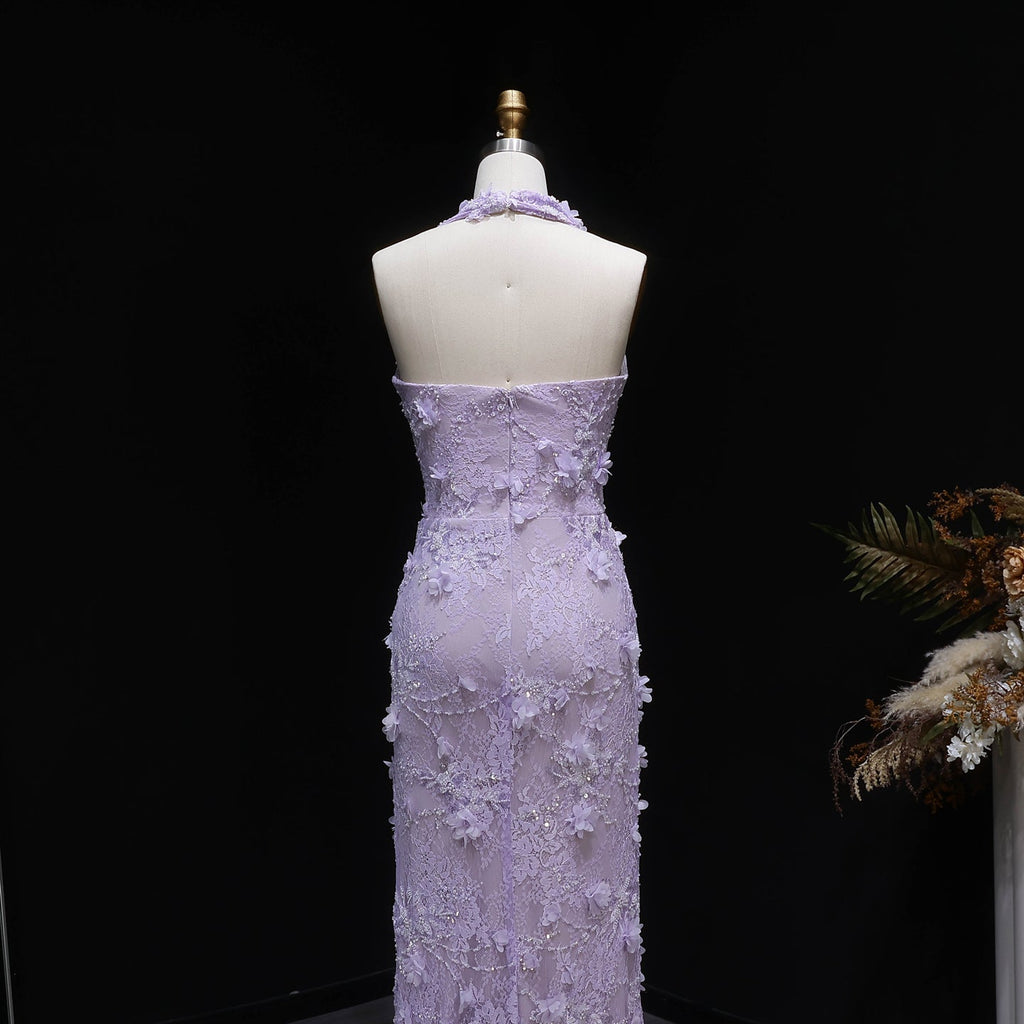 Luxury Green Halter Neck 3D Floral Lace Evening Dress with High Slit SF521