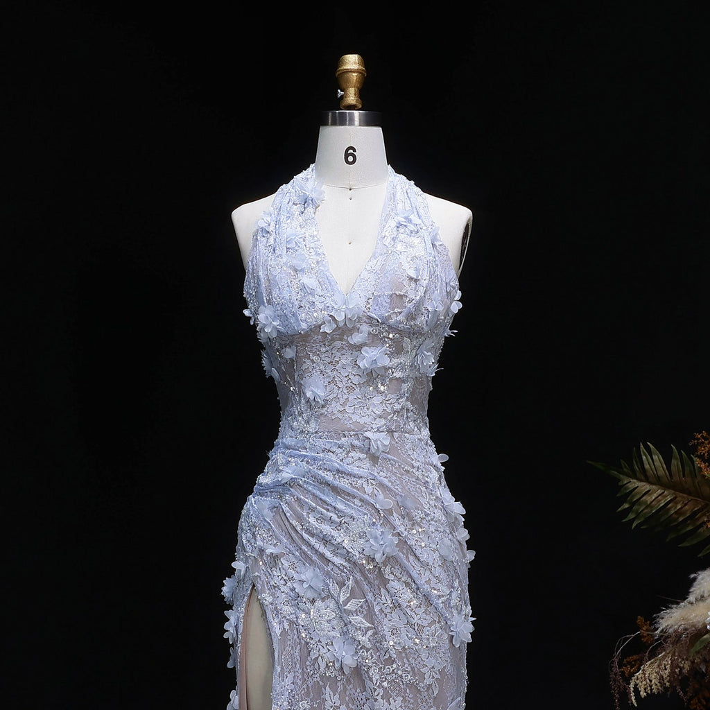 Luxury Green Halter Neck 3D Floral Lace Evening Dress with High Slit SF521