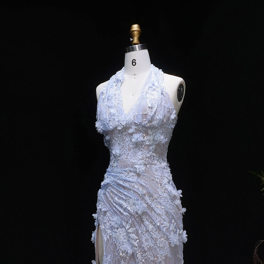 Luxury Green Halter Neck 3D Floral Lace Evening Dress with High Slit SF521