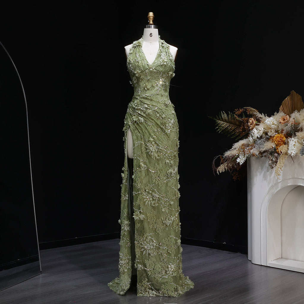 Luxury Green Halter Neck 3D Floral Lace Evening Dress with High Slit SF521