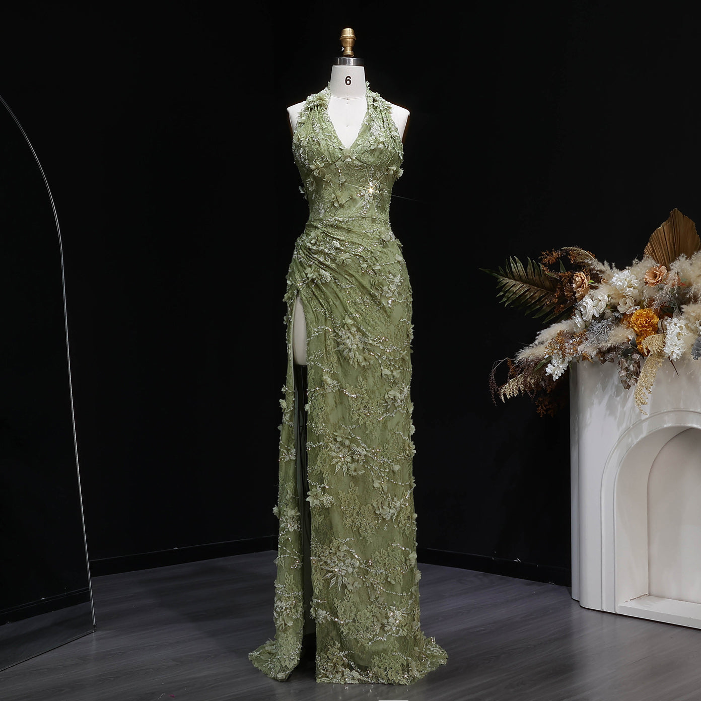 Luxury Green Halter Neck 3D Floral Lace Evening Dress with High Slit SF521