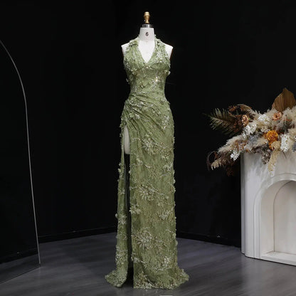 Glamorous Green Halter Lace Evening Dress with Slit SF521