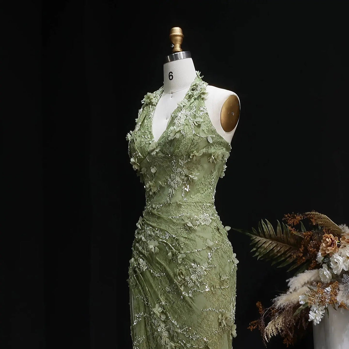 Glamorous Green Halter Lace Evening Dress with Slit SF521