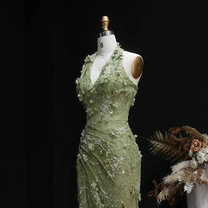 Glamorous Green Halter Lace Evening Dress with Slit SF521