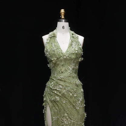 Glamorous Green Halter Lace Evening Dress with Slit SF521