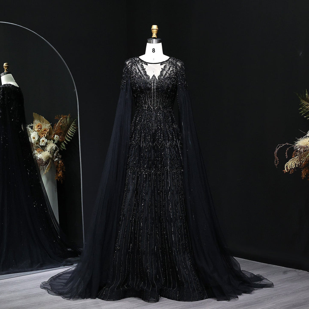 Luxury Blue Evening Dress with Cape Sleeves SS001