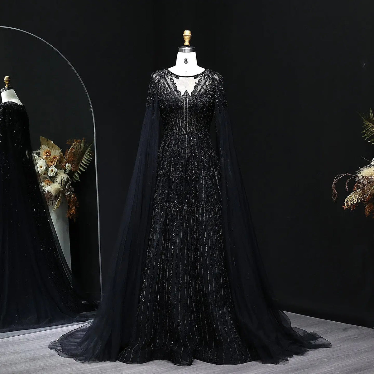 Luxury Blue Evening Dress with Cape Sleeves SS001
