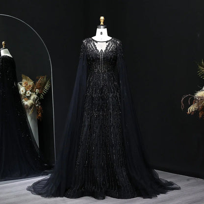 Luxury Blue Evening Dress with Cape Sleeves SS001