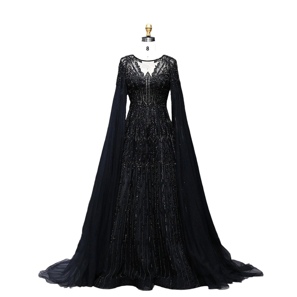 Luxury Blue Evening Dress with Cape Sleeves SS001