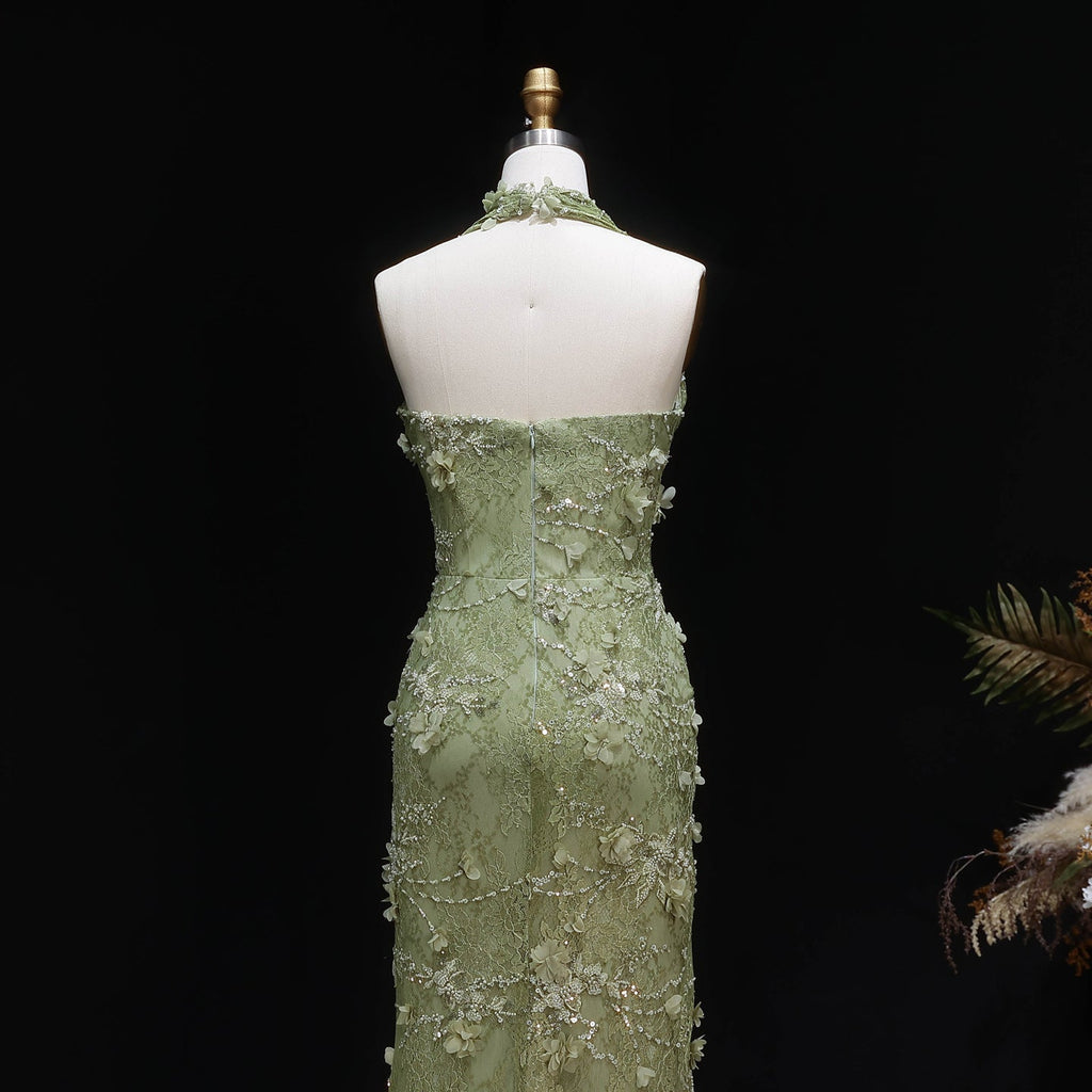 Luxury Green Halter Neck 3D Floral Lace Evening Dress with High Slit SF521