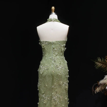Glamorous Green Halter Lace Evening Dress with Slit SF521