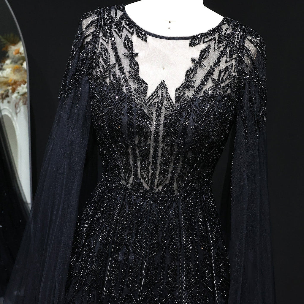 Luxury Blue Evening Dress with Cape Sleeves SS001