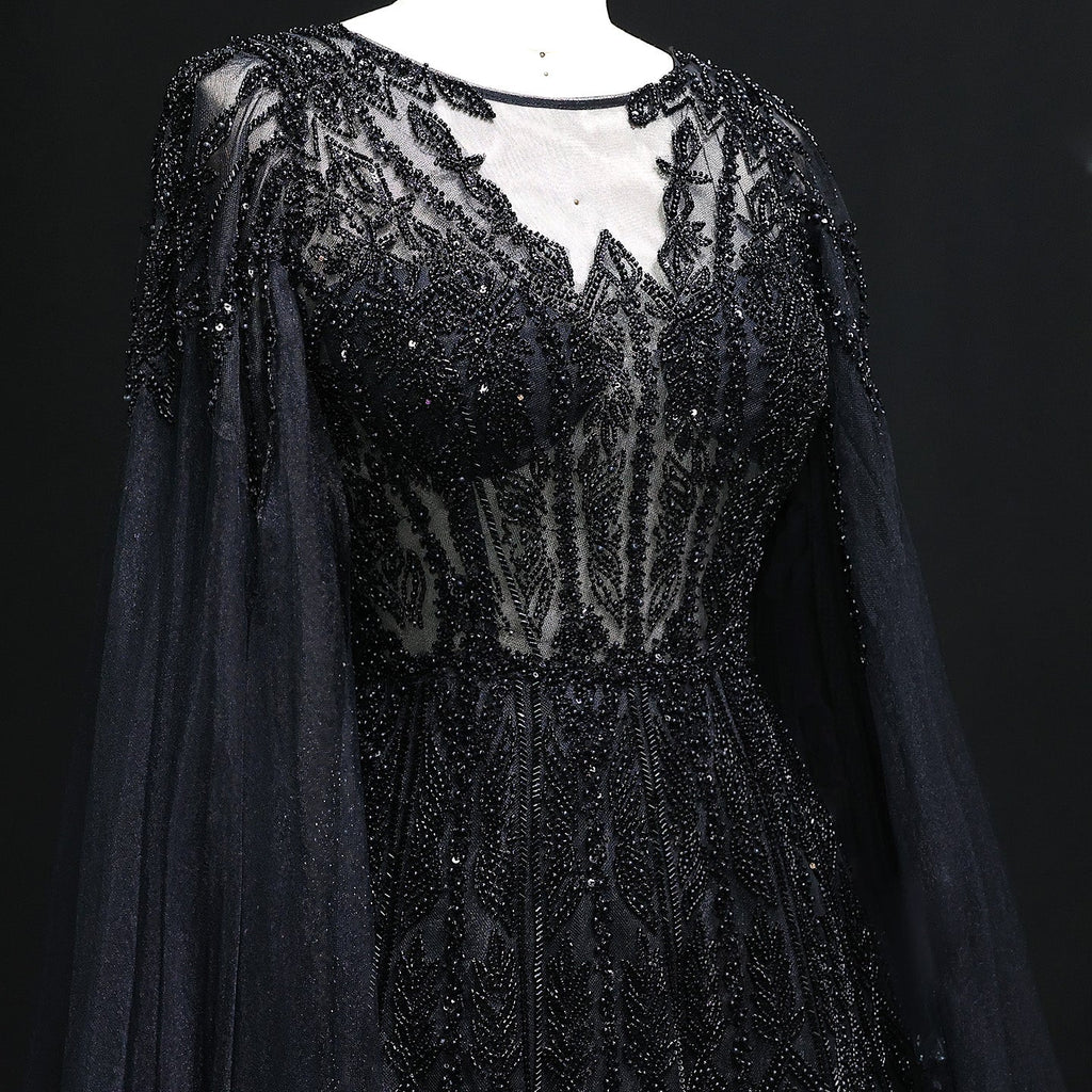 Luxury Blue Evening Dress with Cape Sleeves SS001