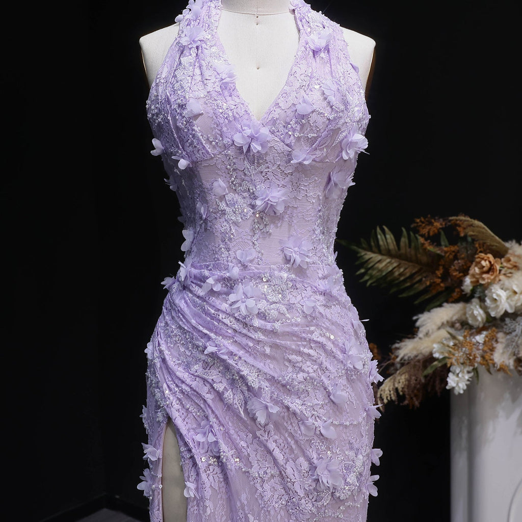 Luxury Green Halter Neck 3D Floral Lace Evening Dress with High Slit SF521