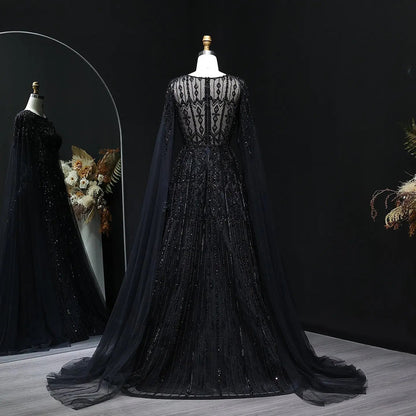 Luxury Blue Evening Dress with Cape Sleeves SS001