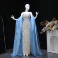 Glamorous Blue Mermaid Beaded Evening Dress with Cape Sleeve and Choker SS506