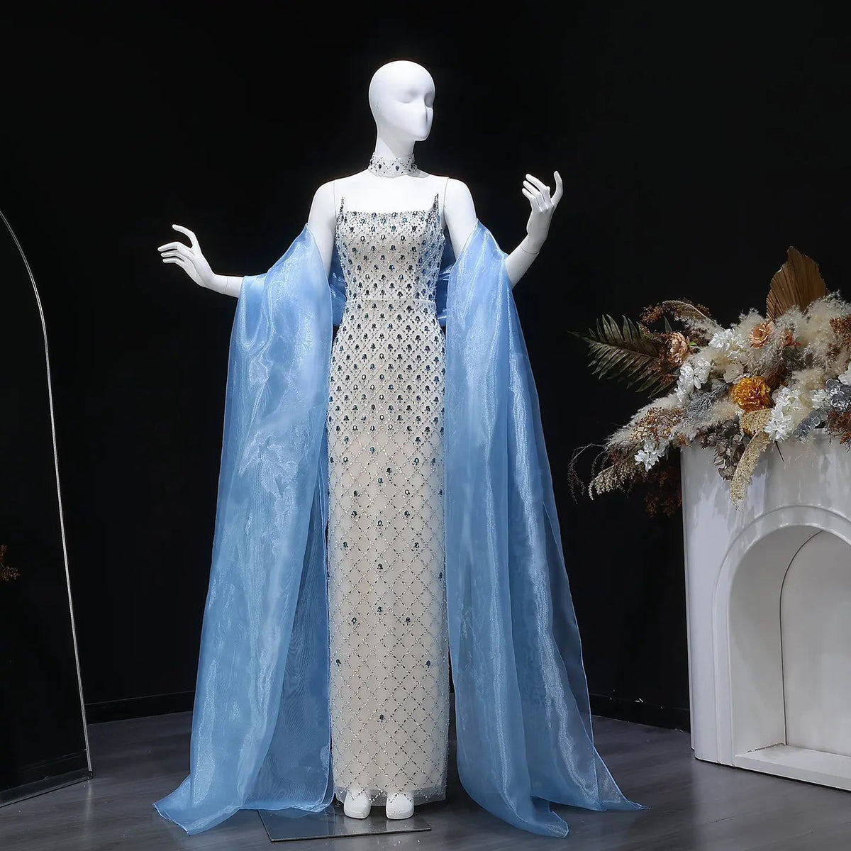 Luxury Blue Beaded Mermaid Evening Dress with Cape Sleeve and Choker SS506