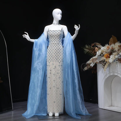 Luxury Blue Beaded Mermaid Evening Dress with Cape Sleeve and Choker SS506
