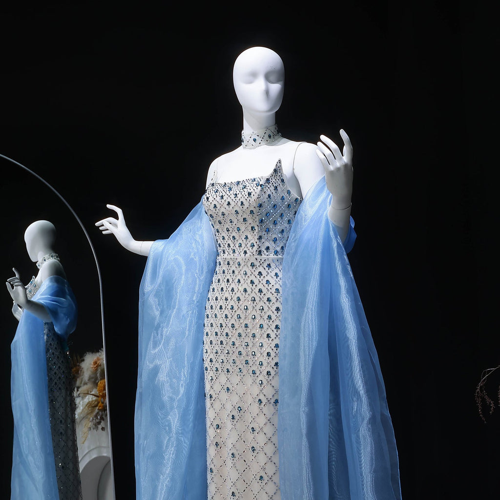 Glamorous Blue Mermaid Beaded Evening Dress with Cape Sleeve and Choker SS506