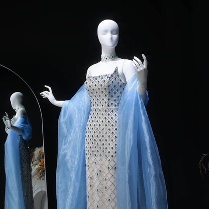 Luxury Blue Beaded Mermaid Evening Dress with Cape Sleeve and Choker SS506