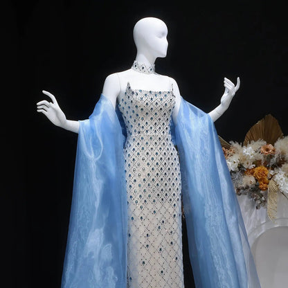 Luxury Blue Beaded Mermaid Evening Dress with Cape Sleeve and Choker SS506