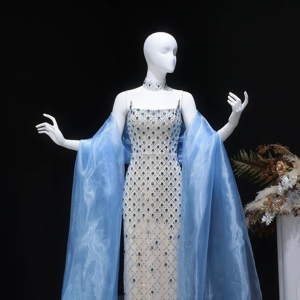 Glamorous Blue Mermaid Beaded Evening Dress with Cape Sleeve and Choker SS506