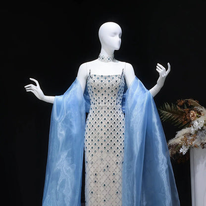Luxury Blue Beaded Mermaid Evening Dress with Cape Sleeve and Choker SS506