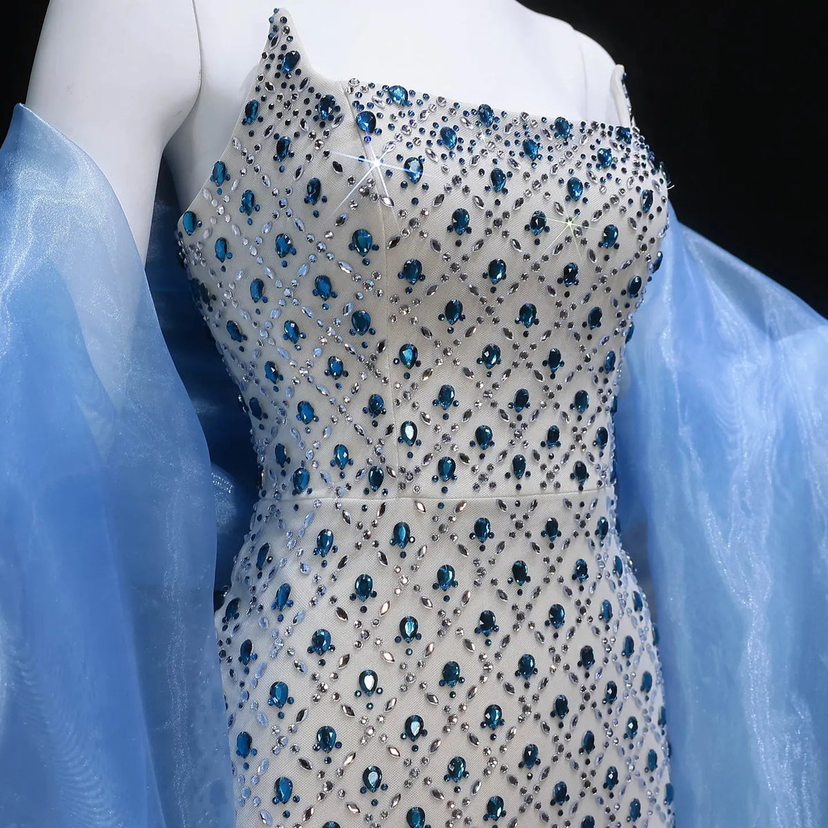 Luxury Blue Beaded Mermaid Evening Dress with Cape Sleeve and Choker SS506