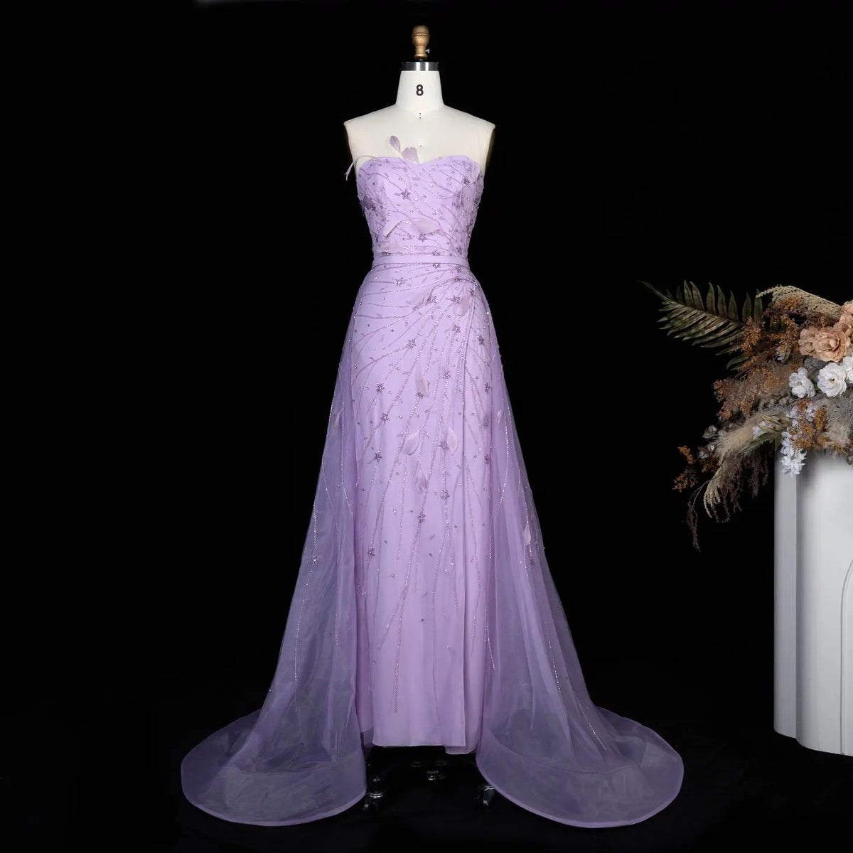 Luxury Feathers Beaded Lilac Evening Dress with Overskirt SS456