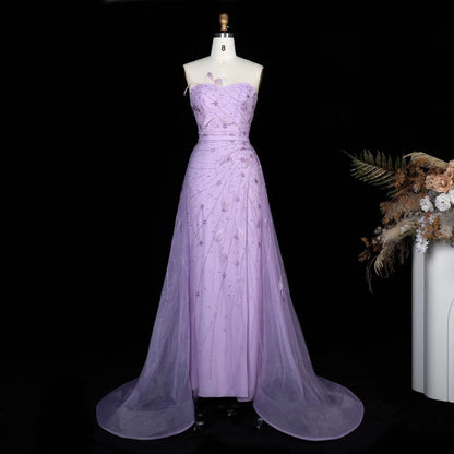 Luxury Feathers Beaded Lilac Evening Dress with Overskirt SS456