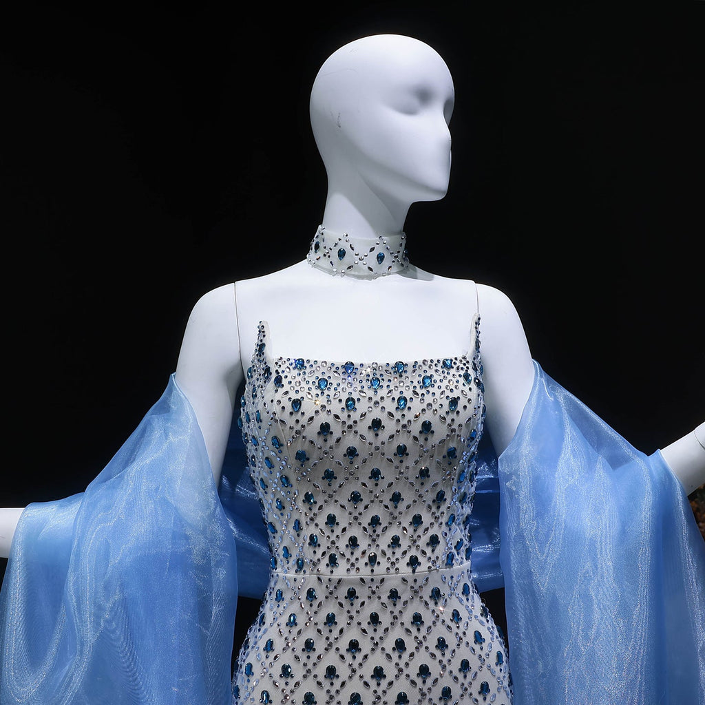 Glamorous Blue Mermaid Beaded Evening Dress with Cape Sleeve and Choker SS506