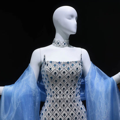 Luxury Blue Beaded Mermaid Evening Dress with Cape Sleeve and Choker SS506