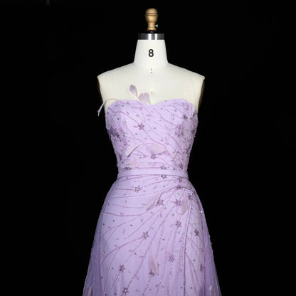 Luxury Feathers Beaded Lilac Evening Dress with Overskirt SS456
