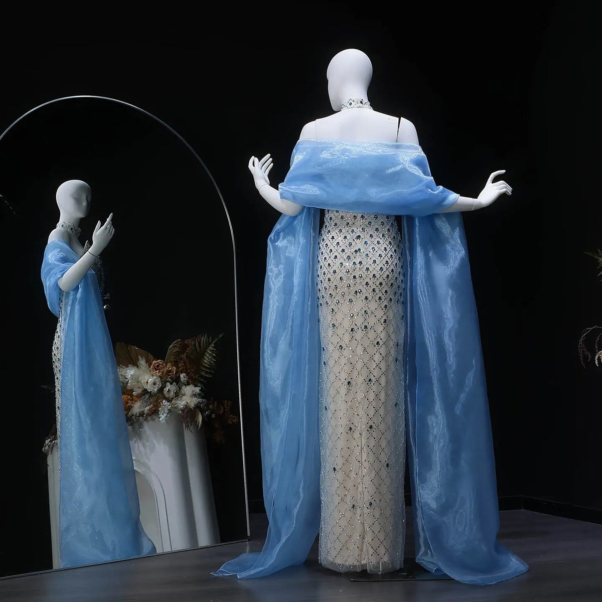 Luxury Blue Beaded Mermaid Evening Dress with Cape Sleeve and Choker SS506