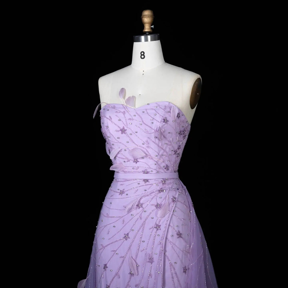 Luxury Feathers Beaded Lilac Evening Dress with Overskirt SS456
