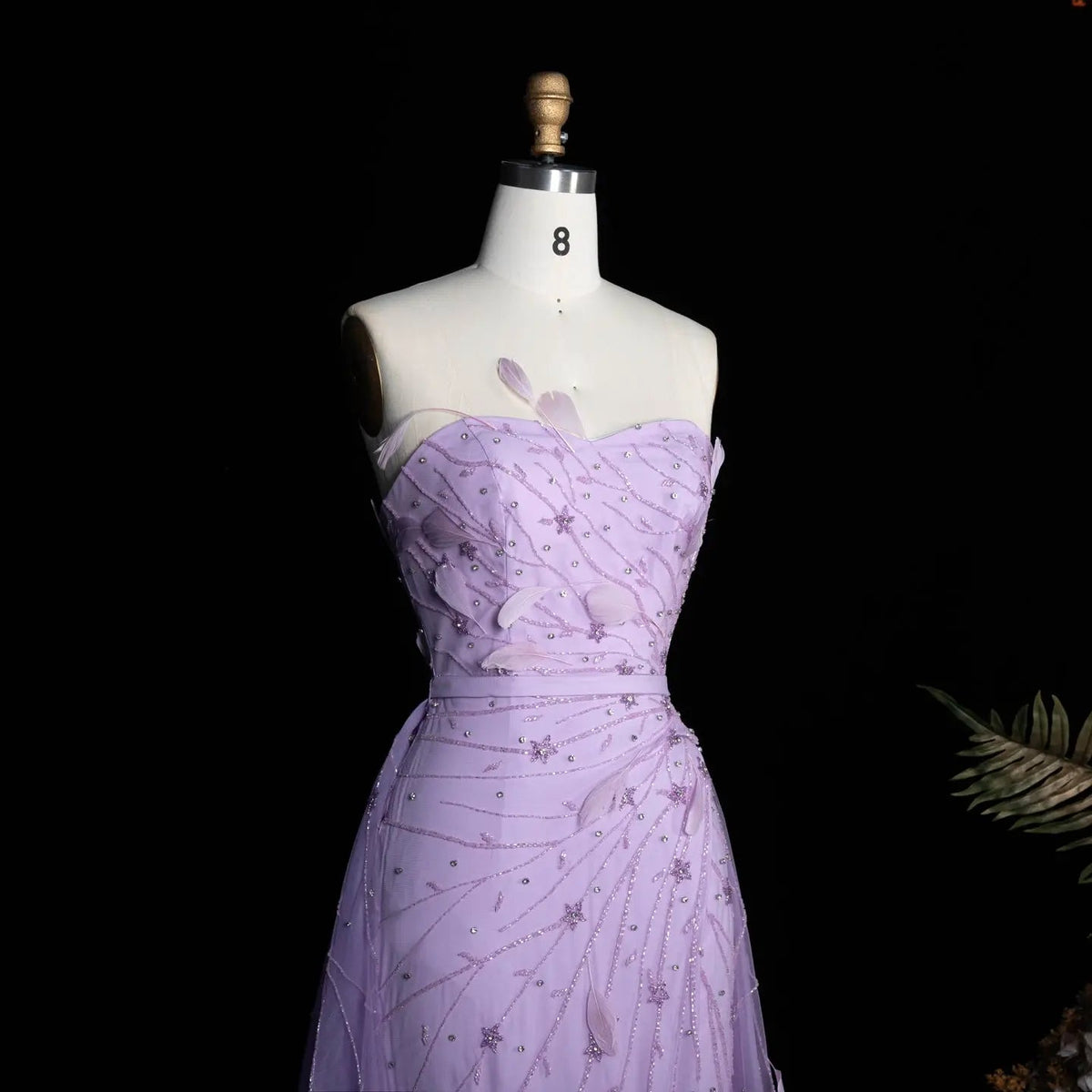 Luxury Feathers Beaded Lilac Evening Dress with Overskirt SS456