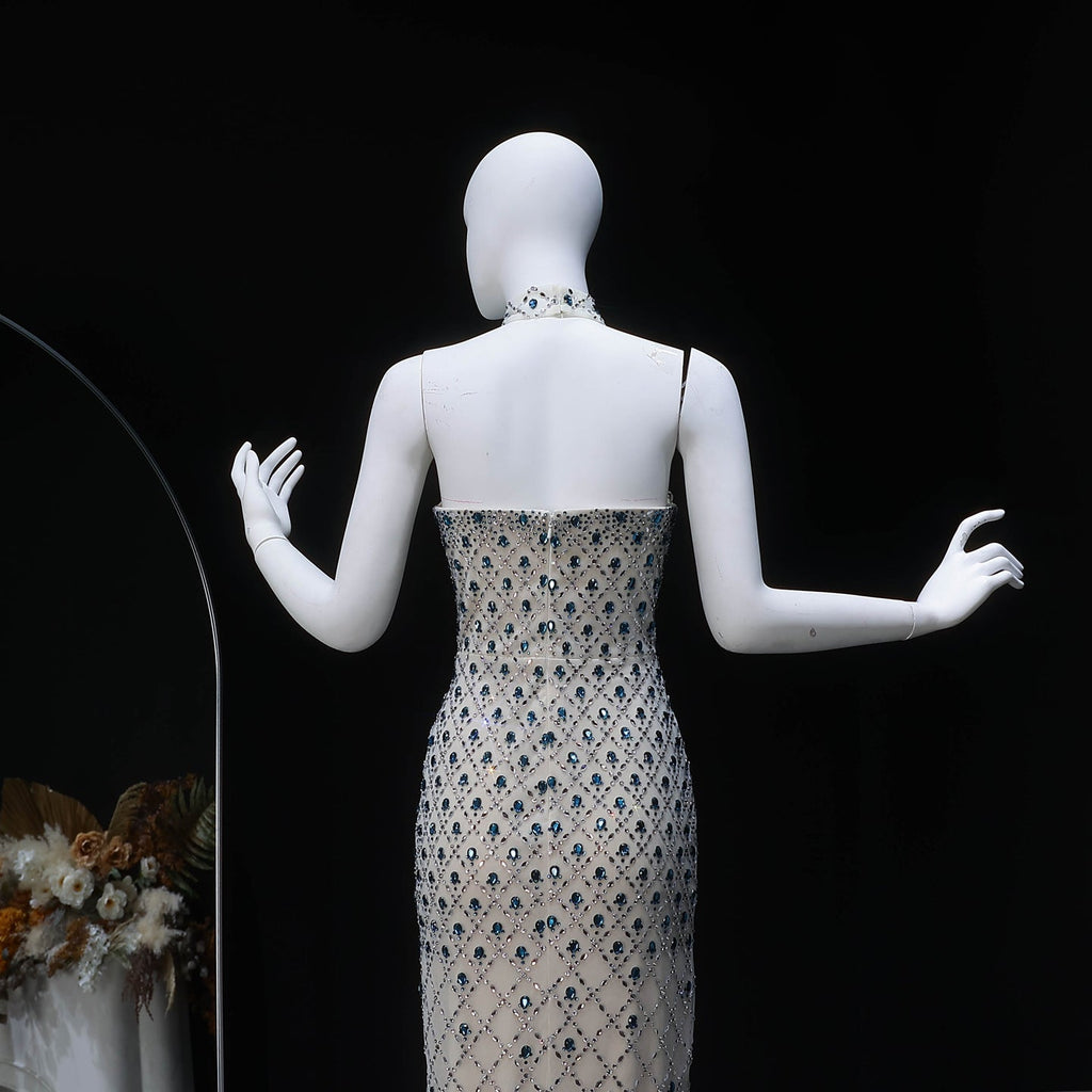 Glamorous Blue Mermaid Beaded Evening Dress with Cape Sleeve and Choker SS506
