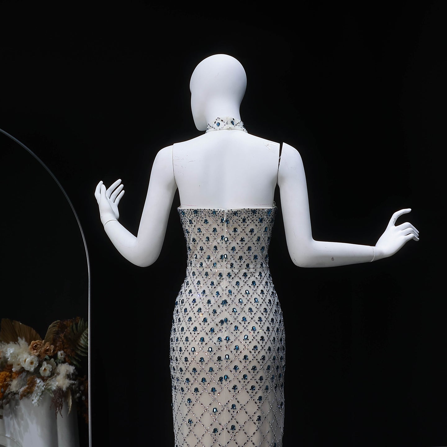 Glamorous Blue Mermaid Beaded Evening Dress with Cape Sleeve and Choker SS506