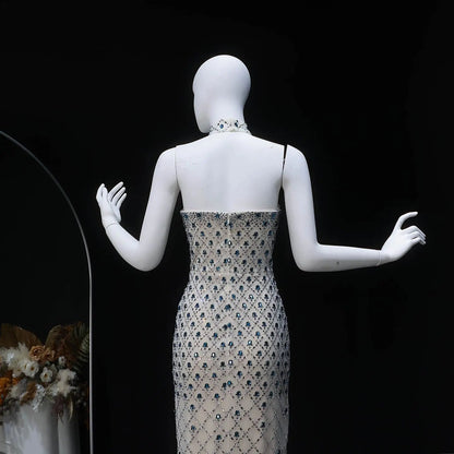 Luxury Blue Beaded Mermaid Evening Dress with Cape Sleeve and Choker SS506