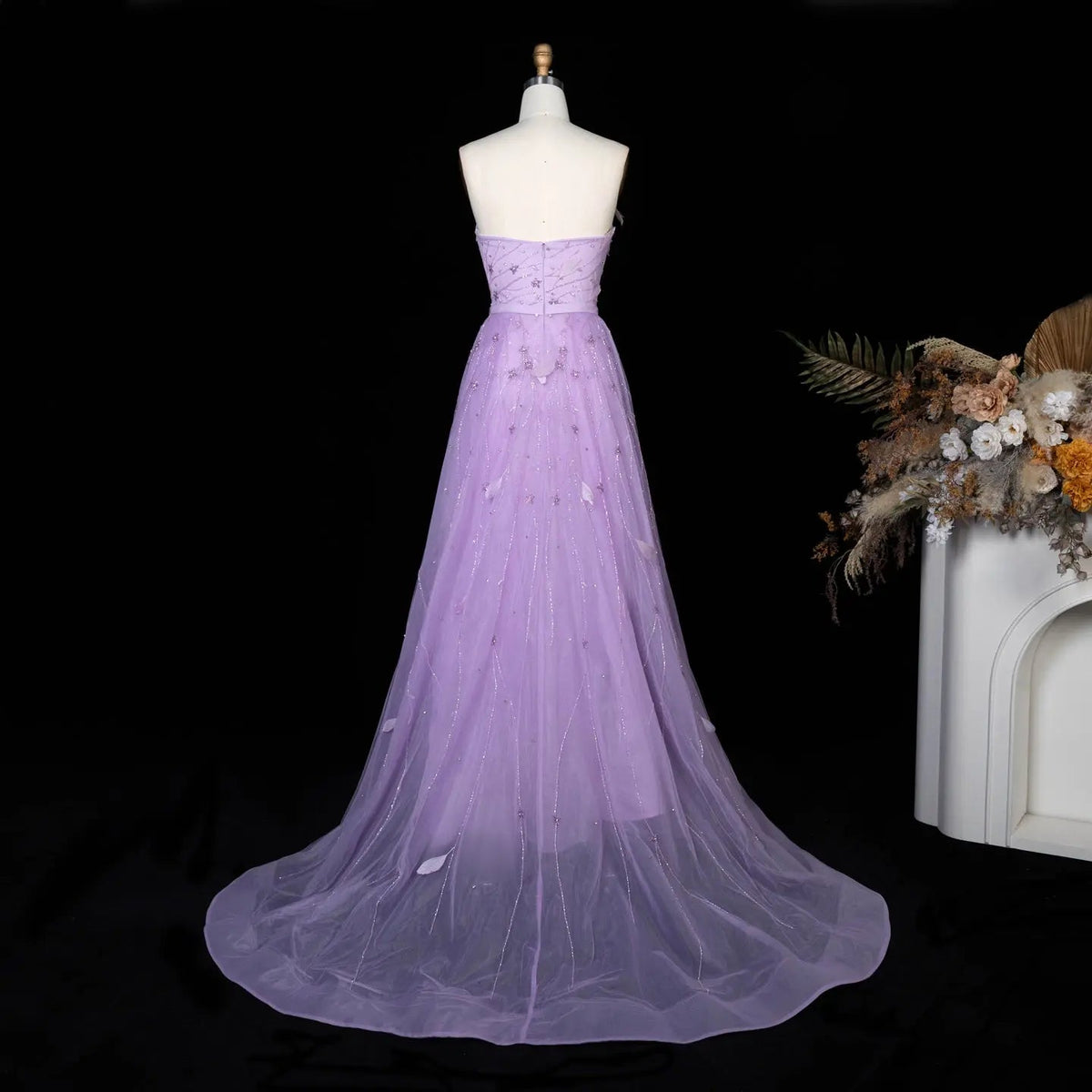 Luxury Feathers Beaded Lilac Evening Dress with Overskirt SS456